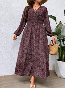 SHEIN Clasi Plus Ditsy Floral Print Lantern Sleeve Dress - Multicolor - View 4