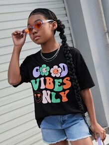 SHEIN Girls Floral & Slogan Graphic Drop Shoulder Tee - Black - View 1