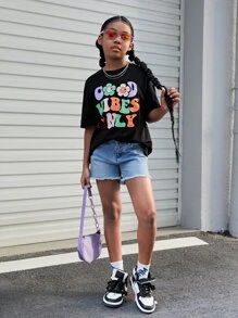 SHEIN Girls Floral & Slogan Graphic Drop Shoulder Tee - Black - View 3