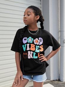 SHEIN Girls Floral & Slogan Graphic Drop Shoulder Tee - Black - View 4