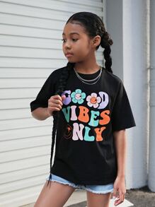 SHEIN Girls Floral & Slogan Graphic Drop Shoulder Tee - Black - View 5