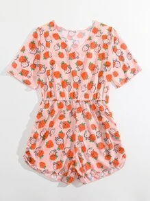 Girls Strawberry Print Cover Up Romper - Coral Pink - View 5