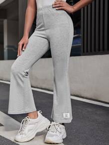 SHEIN Girls Letter Patched Flare Leg Trousers - Light Grey - View 1