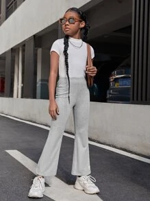 SHEIN Girls Letter Patched Flare Leg Trousers - Light Grey - View 4