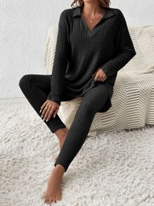 SHEIN Frenchy Split Hem Drop Shoulder Tee & Leggings Winter Black Black - Black - View 1