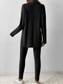 SHEIN Frenchy Split Hem Drop Shoulder Tee & Leggings Winter Black Black - Black - View 2