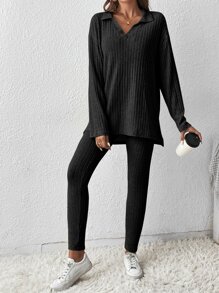 SHEIN Frenchy Split Hem Drop Shoulder Tee & Leggings Winter Black Black - Black - View 4