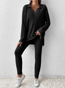 SHEIN Frenchy Split Hem Drop Shoulder Tee & Leggings Winter Black Black - Black - View 5