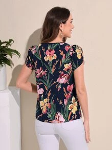 EMERY ROSE Top popover con estampado floral de manga farol - Azul Marino - Ver 2