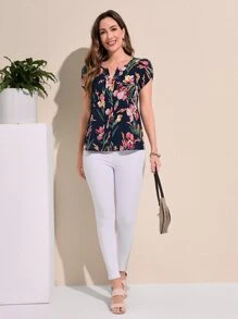 EMERY ROSE Top popover con estampado floral de manga farol - Azul Marino - Ver 3