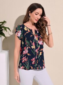 EMERY ROSE Top popover con estampado floral de manga farol - Azul Marino - Ver 5