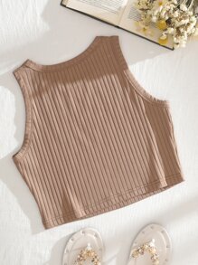 INAWLY Top tank crop con estampado de coche y letra tejido de canalé - Caqui - Ver 2