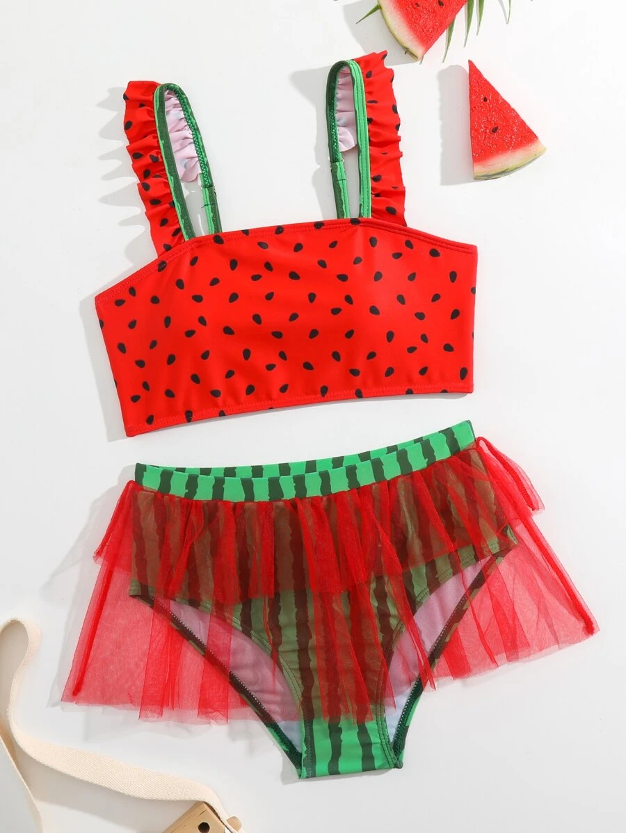 Conjunto de bikini con estampado de sandía, acabado de volantes y superposición de malla para niña preadolescente, para playa de verano - Multicolor - Ver 1