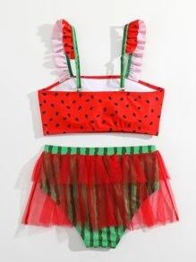 Conjunto de bikini con estampado de sandía, acabado de volantes y superposición de malla para niña preadolescente, para playa de verano - Multicolor - Ver 2