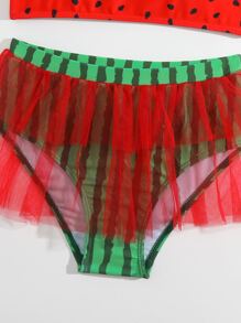 Conjunto de bikini con estampado de sandía, acabado de volantes y superposición de malla para niña preadolescente, para playa de verano - Multicolor - Ver 4