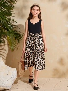SHEIN 女孩豹紋印花腰帶不對稱下擺無袖連體褲 - 彩色 - 查看 3