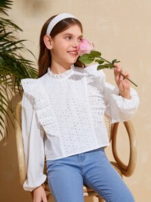 SHEIN Girls Eyelet Embroidery Ruffle Trim Lantern Sleeve Blouse - White - View 1