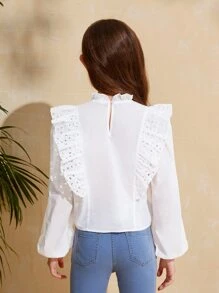 SHEIN Girls Eyelet Embroidery Ruffle Trim Lantern Sleeve Blouse - White - View 2
