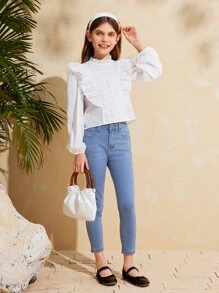 SHEIN Girls Eyelet Embroidery Ruffle Trim Lantern Sleeve Blouse - White - View 4
