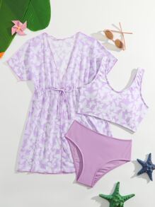 Tween Girl 3 件装蝴蝶印花比基尼套装和抽绳腰部和服夏季海滩 - 紫丁香色 - 查看 1
