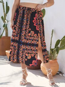 SHEIN Holidaya Plus Floral Print Split Thigh Skirt - Multicolor - View 2