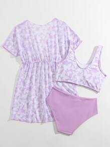 Tween Girl 3 件装蝴蝶印花比基尼套装和抽绳腰部和服夏季海滩 - 紫丁香色 - 查看 2