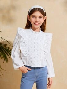 SHEIN Girls Eyelet Embroidery Ruffle Trim Lantern Sleeve Blouse - White - View 6