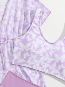 Tween Girl 3 件装蝴蝶印花比基尼套装和抽绳腰部和服夏季海滩 - 紫丁香色 - 查看 3