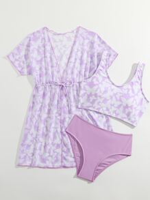 Tween Girl 3 件装蝴蝶印花比基尼套装和抽绳腰部和服夏季海滩 - 紫丁香色 - 查看 5