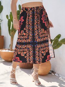 SHEIN Holidaya Plus Floral Print Split Thigh Skirt - Multicolor - View 1