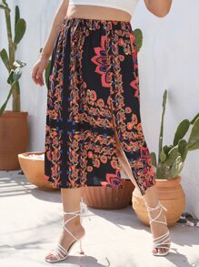 SHEIN Holidaya Plus Floral Print Split Thigh Skirt - Multicolor - View 5
