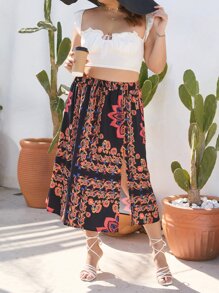 SHEIN Holidaya Plus Floral Print Split Thigh Skirt - Multicolor - View 6