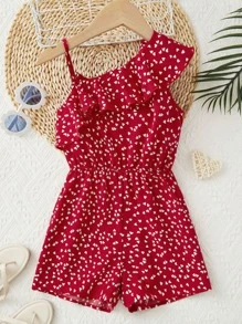 SHEIN Leap Crew 女孩紙屑愛心圖案不對稱領荷葉邊連身短褲 - 紅色 - 查看 1