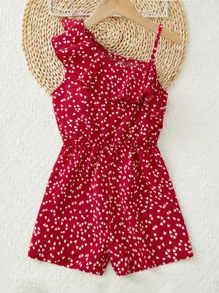 SHEIN Leap Crew 女孩紙屑愛心圖案不對稱領荷葉邊連身短褲 - 紅色 - 查看 2