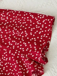 SHEIN Leap Crew 女孩紙屑愛心圖案不對稱領荷葉邊連身短褲 - 紅色 - 查看 3