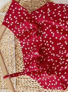 SHEIN Leap Crew 女孩紙屑愛心圖案不對稱領荷葉邊連身短褲 - 紅色 - 查看 4