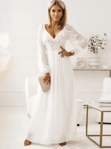 Floral Lace Pleated Hem Prom Dress - White - View 1