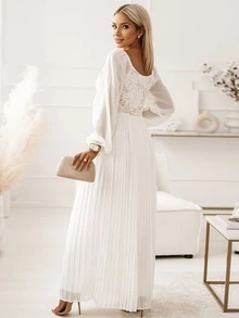 Floral Lace Pleated Hem Prom Dress - White - View 2