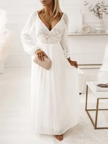 Floral Lace Pleated Hem Prom Dress - White - View 3