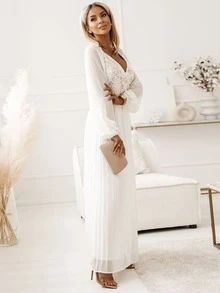 Floral Lace Pleated Hem Prom Dress - White - View 4