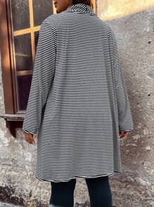 SHEIN LUNE Plus Striped Waterfall Collar Open Front Coat - Black and White - View 2