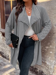 SHEIN LUNE Plus Striped Waterfall Collar Open Front Coat - Black and White - View 3