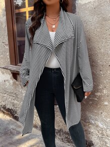 SHEIN LUNE Plus Striped Waterfall Collar Open Front Coat - Black and White - View 4
