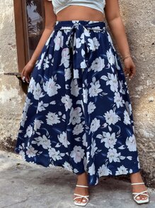 SHEIN Holidaya Váy Plus Size Thắt lưng Hoa Boho - Xanh và trắng - Xem 4