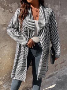 SHEIN LUNE Plus Striped Waterfall Collar Open Front Coat - Black and White - View 6