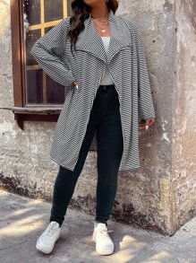 SHEIN LUNE Plus Striped Waterfall Collar Open Front Coat - Black and White - View 7