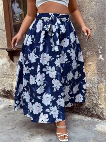 SHEIN Holidaya Váy Plus Size Thắt lưng Hoa Boho - Xanh và trắng - Xem 5
