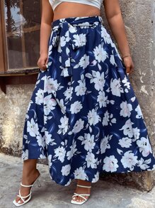 SHEIN Holidaya Váy Plus Size Thắt lưng Hoa Boho - Xanh và trắng - Xem 7