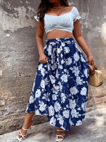 SHEIN Holidaya Váy Plus Size Thắt lưng Hoa Boho - Xanh và trắng - Xem 8