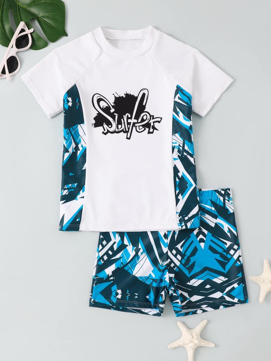 Tween Boy Letter & Geo Print Beach Swimsuit - Blue and White - View 1